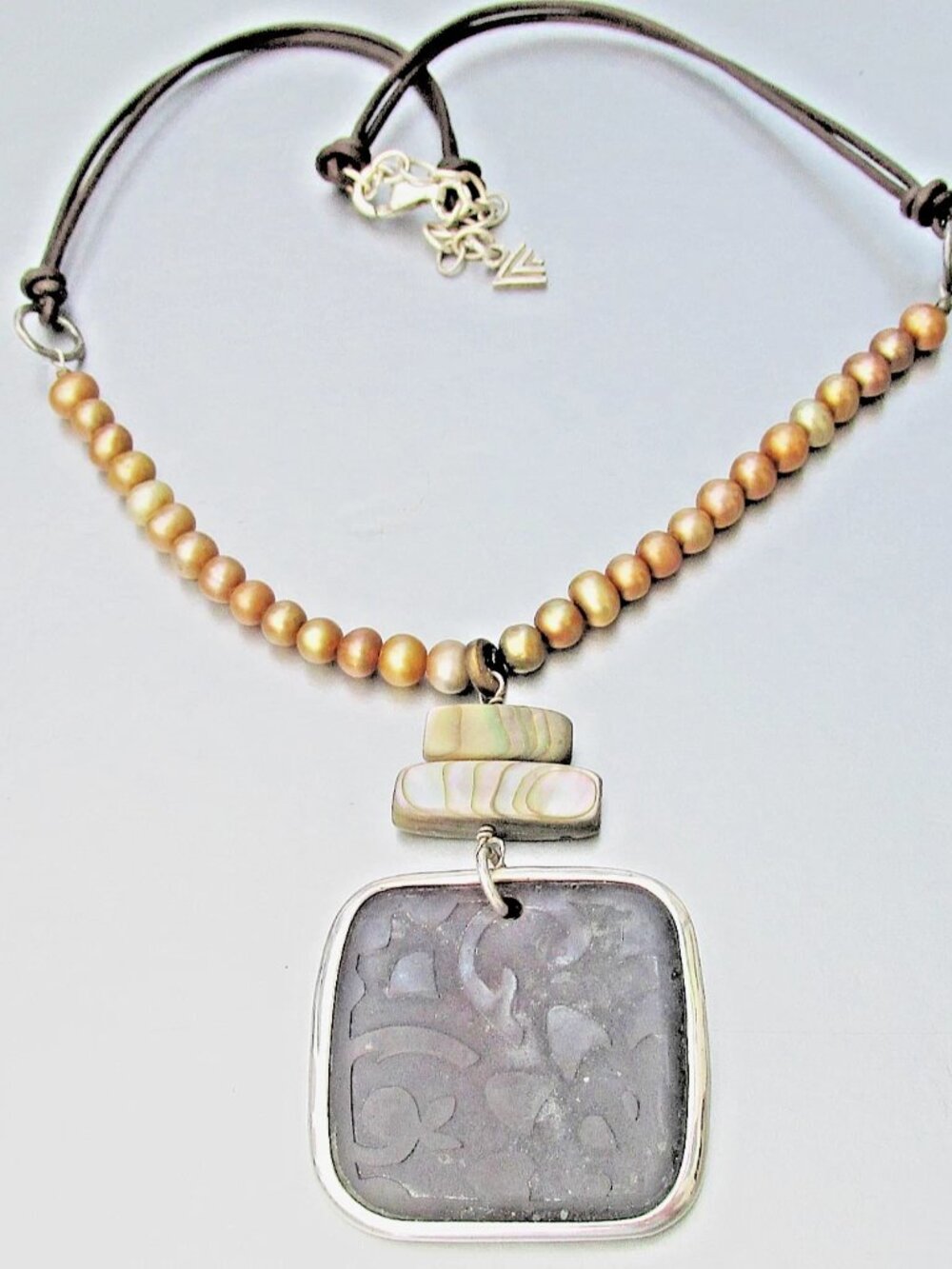 Retired SILPADA Sterling Silver Bronze Pearl Etched Shell Cord Necklace N1803